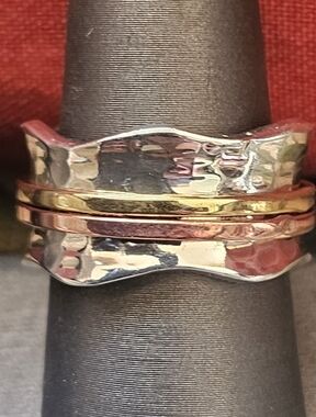 Hammered 925 Silver Spinner Ring with Yellow & Rose Gold Spinner Bands